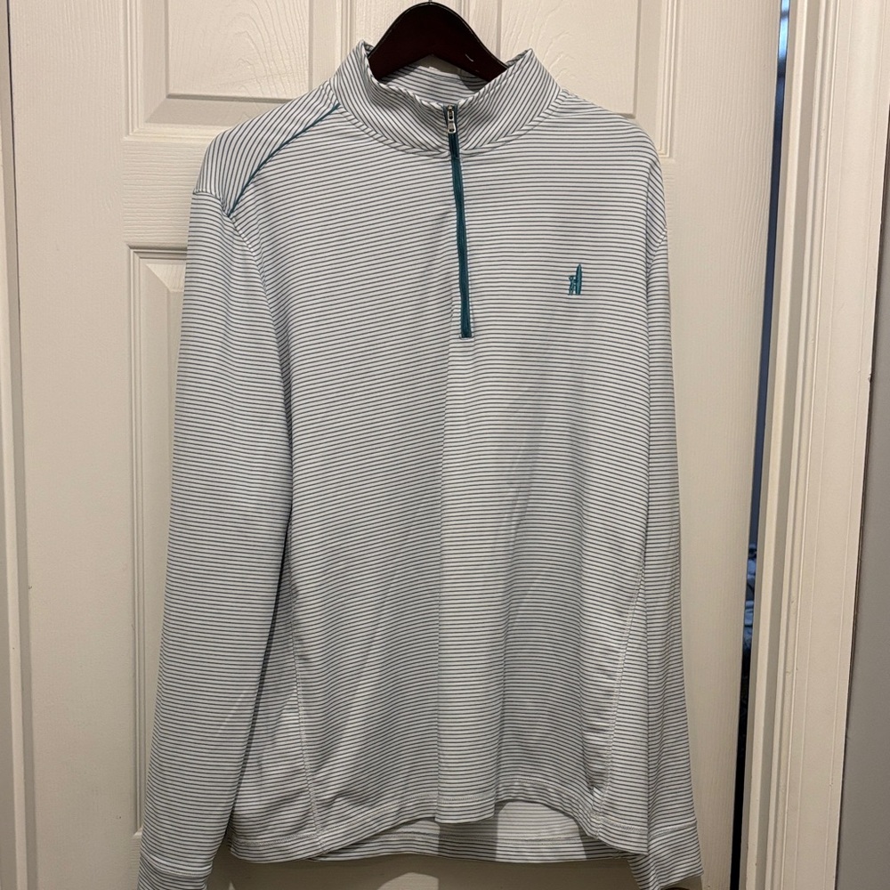 johnnie-O White and Teal Quarter-Zip Striped Performance Shirt